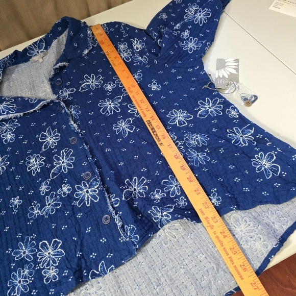 Habitat Womens Shirt XL Blue Floral Button Up Long Sleeve Raw Edges Lounge - Picture 11 of 13